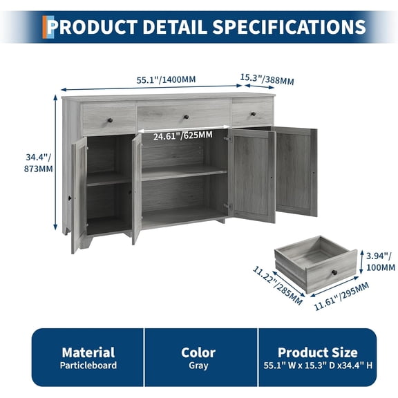 Acekid Sideboard Buffet Cabinet With Storage Minimalist Kitchen Storage Cabinet With 3 Drawers 4 Doors Buffet Console Table Coffee Bar With Adjustable Shelf For Dining Living Room Grey 55inch