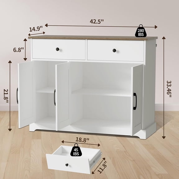 Acekid Sideboard Buffet Cabinet With Storage Wooden Kitchen Storage Cabinet With Adjustable Shelf Drawers Barn Doors Modern Farmhouse Coffee Bar Buffet Table For Living Room 45inch