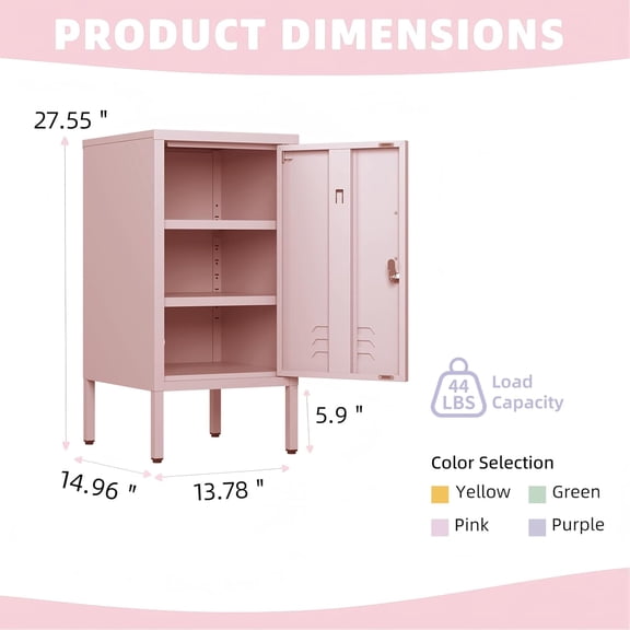 Acekid Single Door Lockable Metal End Table Modern Minimalist Room Side Table With 2 Adjustable Shelf Multi Storage Cabinet For Living Room Bedroom 27.55 H x 178 W x 196 D Pink