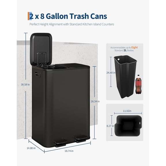 Acekid Stainless Steel Double Trash Can With Lid Large Dual Trash And Recycle Bin Combo Step-on Kitchen Metal Garbage Cans PP Inner Buckets Liner Rim Matte Gray 2 x 8 Gallon