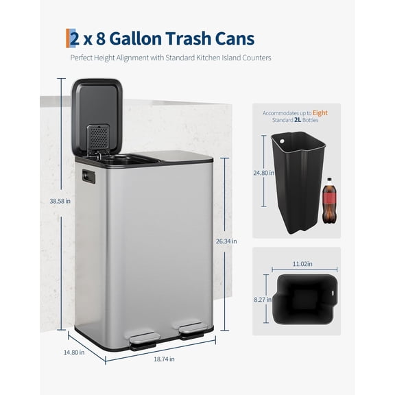 Acekid Stainless Steel Double Trash Can With Lid Large Dual Trash And Recycle Bin Combo Step-on Kitchen Metal Garbage Cans PP Inner Buckets Liner Rim Stainless Steel 2 x 8 Gallon