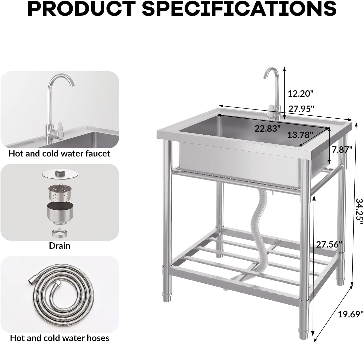 Acekid Stainless Steel Free-Standing Utility Sink Single Bowl Freestanding Laundry Sink with Faucet Drainboard Storage Hot Cold Water Plumbing for Restaurant Workshop