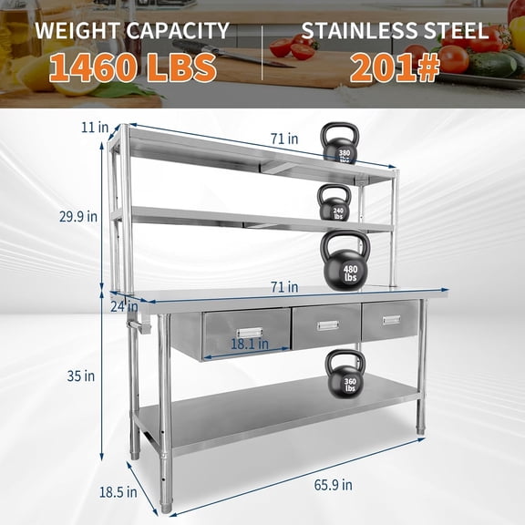 Acekid Stainless Steel Table with Drawers 71"W x 24"D x 65"H, Work Table with Shelves & Paper Towel Holder
