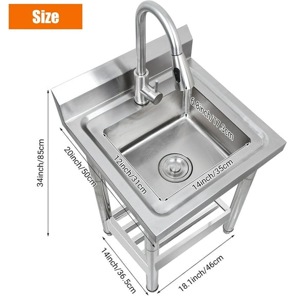 Acekid Stainless Steel Utility Sink, Free Standing Single Bowl Sink with Cold and Hot Water Pipe, Commercial Kitchen Utility Sinks for a Laundry Room, Bathroom