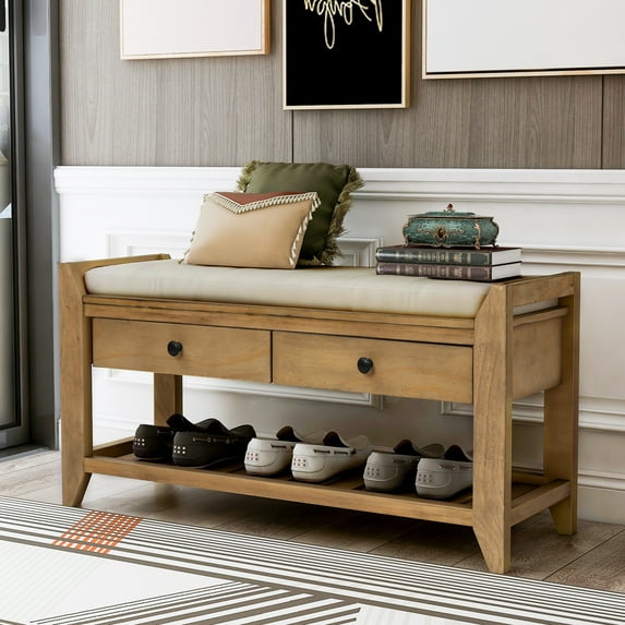 Acekid Storage Bench 39Inch with Cushion Seating, Storage Drawers & Bottom Shelf, Multipurpose Wooden Shoe Bench for Living Room Bedroom, Espresso Antique Navy
