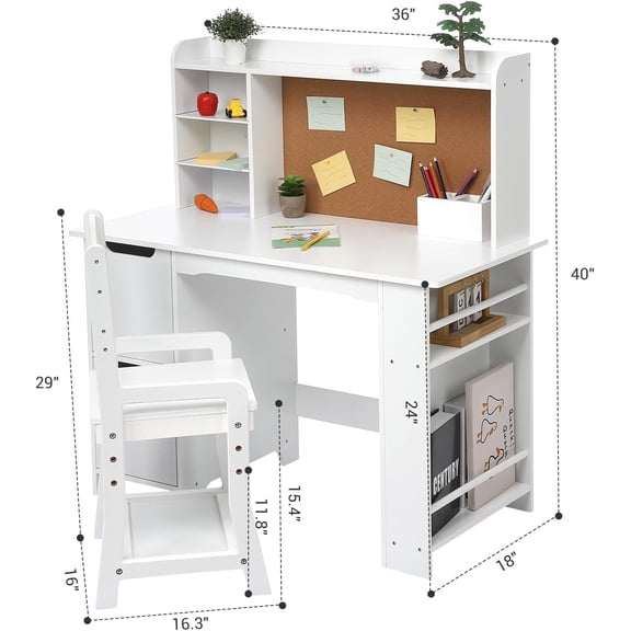 Acekid Study Desk With Chair Wooden Study Table Study Desk And Chair Set With Bookshelf Bulletin Board And Cabinets For Boys And Girls 3-8 Y White