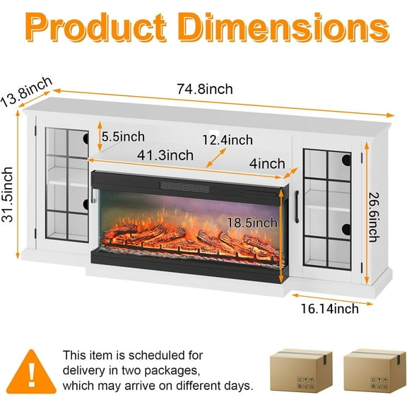 Acekid TV Stand 40Inch 3 Sided Glass Electric Fireplace 12 Colors LED Lights Flame 750W/1500W For Max 85inch TVs 2 Tier Storage 2 Door Glass Cabinet White 75Inch