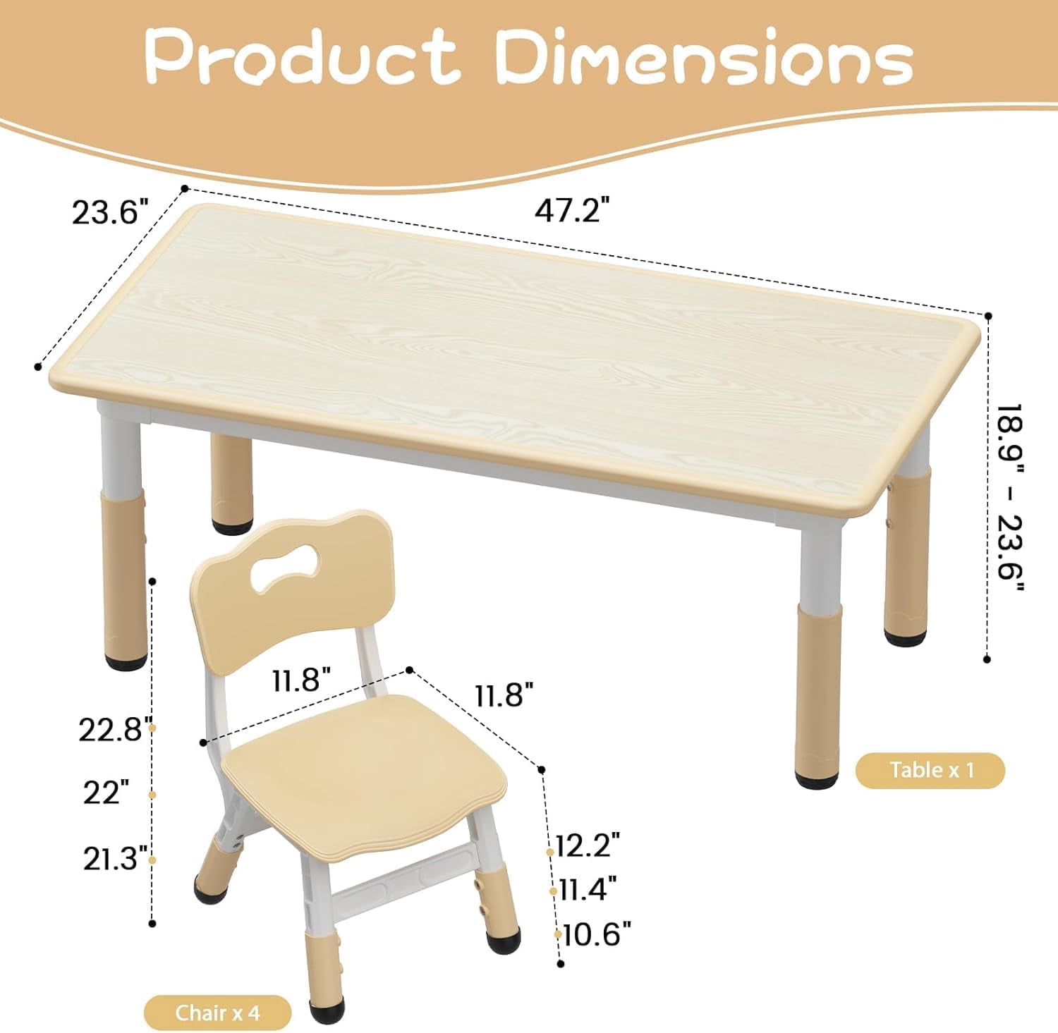 Acekid Table And 4 Chairs Set For Ages 2-8 Height Adjustable Toddler ...