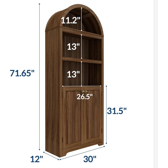 Acekid Tall Arched Cabinet 5 Tier Arched Bookshelf With Double Doors Adjustable Shelf Wooden Bookcase With Storage For Living Room Bedroom Study Kitchen Home Office Walnut Color 72inch