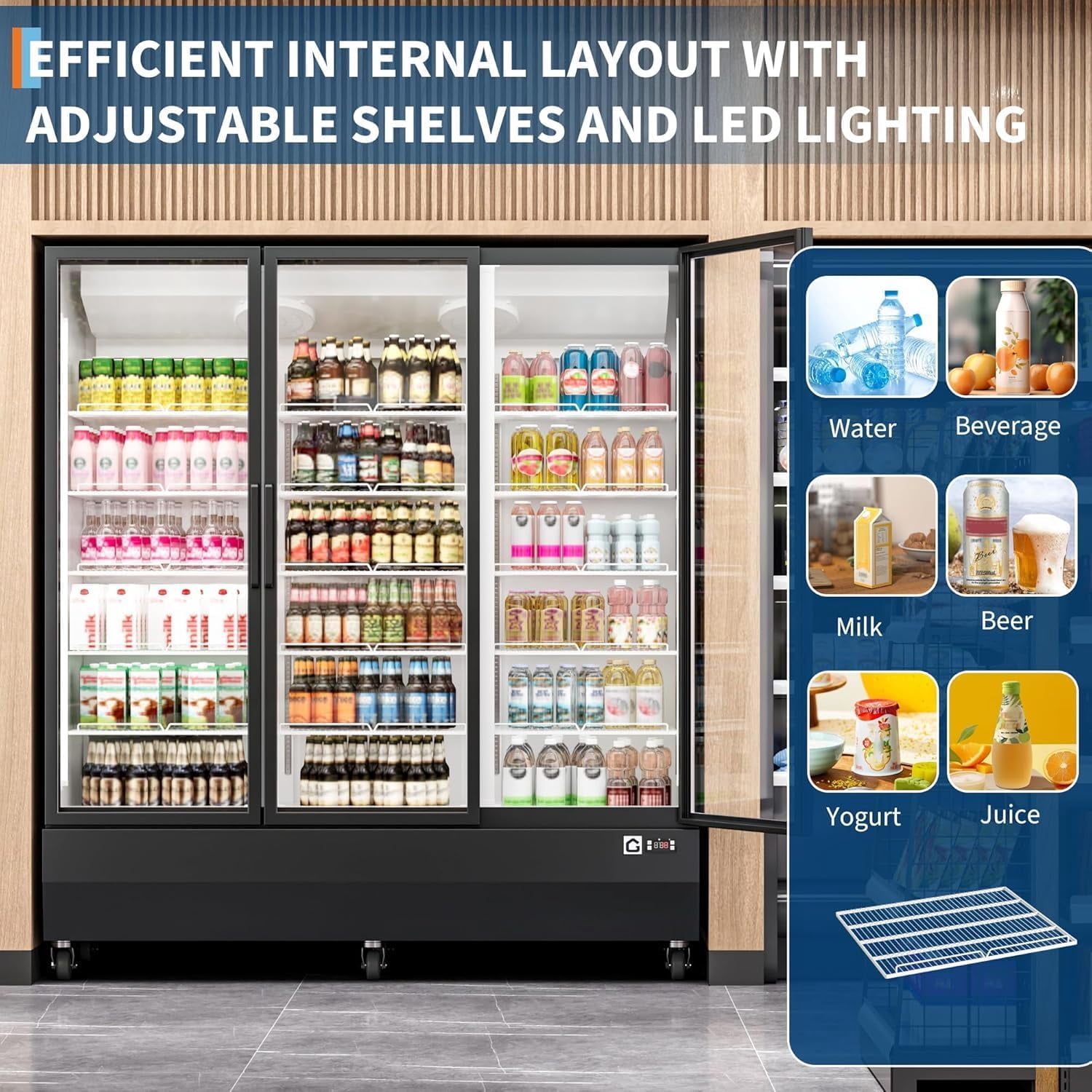 Acekid Triple Door Commercial Merchandiser Refrigerator, Glass Display Cooler with Digital Cooling, Black