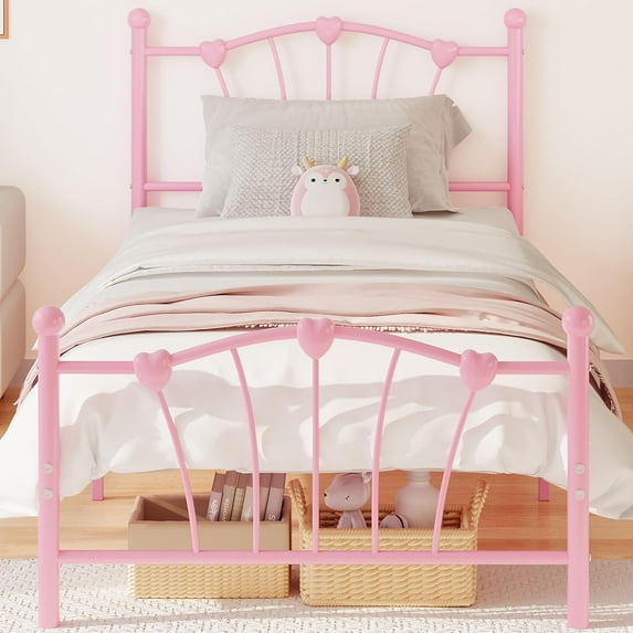 Acekid Twin Size Metal Bed Frame with Iron-Art Sweet Heart Headboard & Footboard for Under Bed Storage, No Box Spring ,Modern Style