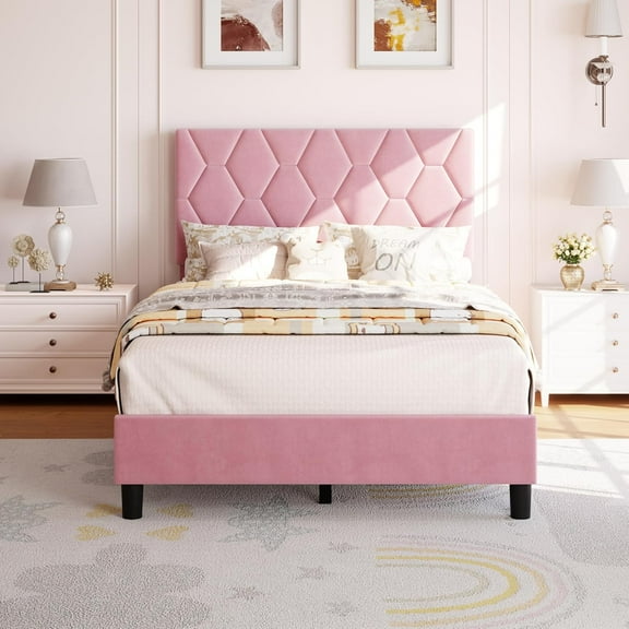 Acekid Twin Size Platform Bed Frame, Upholstered Headboard, Wood Slat Support, No Box Spring Needed, Easy Assembly, Pink