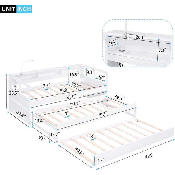 Acekid Twin XL Daybed with 2 Trundle Beds - Wood Platform Bed with Storage Bookcase, Light & USB Charging