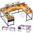 thumbnail image 1 of Acekid U-Shaped Computer Gaming Desk, Reversible L Shaped Desk with Power Outlets, LED Strip & Monitor Stand, Large Corner Desk, Storage Shelves, 1 of 8