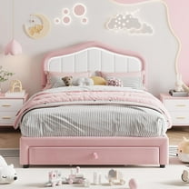 Acekid Upholstered Twin Size LED Bed Frame with Storage Drawer, Velvet Princess Platform Bed for Girls, Pink & White