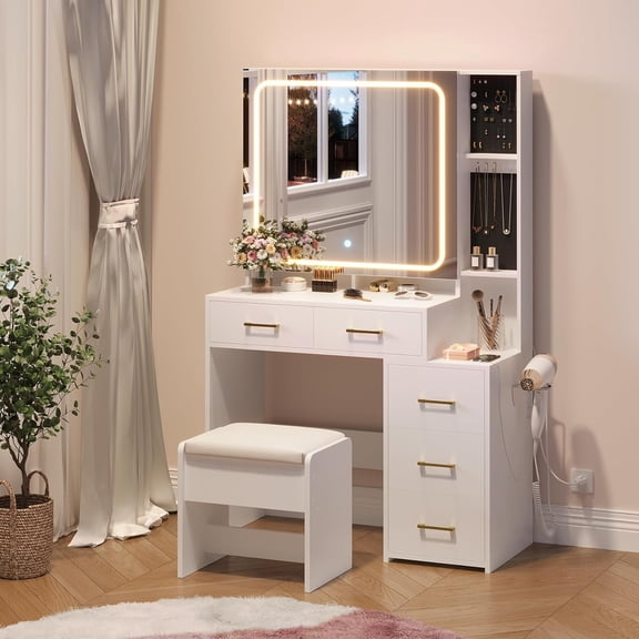 Acekid Vanity Desk with Mirror and Lights, Makeup Vanity Set with Drawers & Chair,3 Light Mode and Brightness Adjusted & Power Outlet, Dressing Table with Hairdryer Holder