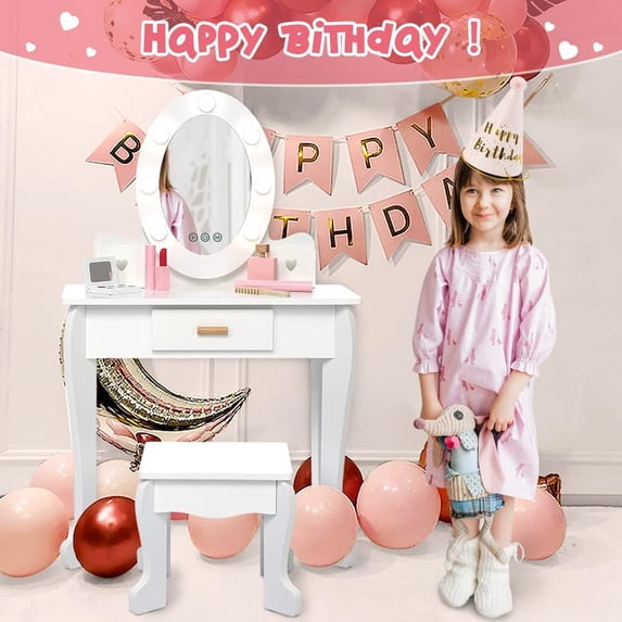 Acekid Vanity Set for Girls Ages 4-9, Pretend Play Vanity Table with Lighted Mirror, Stool & Wood Makeup Playset, Purple