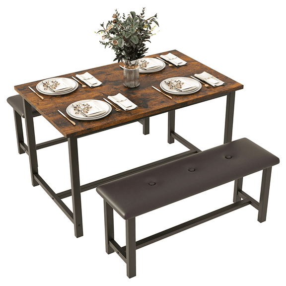 Acekid Vintage 3 Piece Kitchen Wood Rectangular Dining Table Set with 2 Upholster Bench for 4 Person