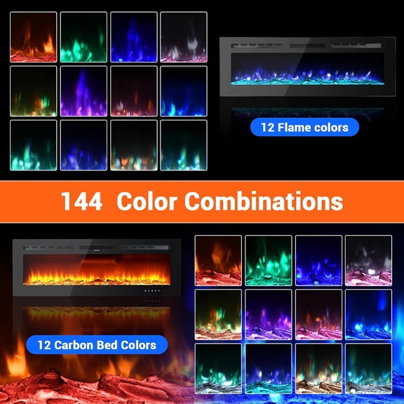Acekid Wall Mounted Electric Fireplace Recessed Fireplace Insert With Remote 12 Adjustable Flame Color Brightness Timer Low Noise Electric Fire Place Touch Screen Heater Black 72 Inch