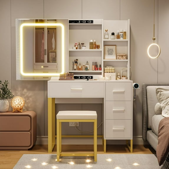 Acekid White Vanity Desk with Mirror and Lights, Makeup Vanity Desk with Sliding LED Lighted Mirror, Power Outlet, Makeup Vanity Set with 4 Drawers