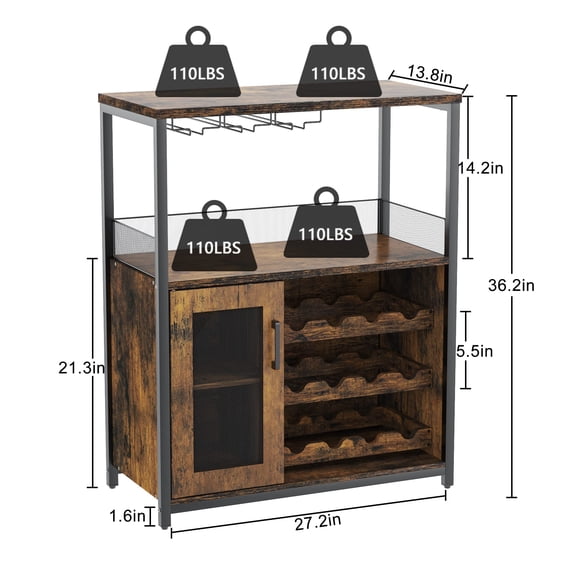 Acekid Wine Bar Cabinet - Large Capacity Liquor Cabinet with Storage, Adjustable Shelves for Glassware, Sturdy MDF Construction, Easy Assembly Wine Rack Ideal for Dining Room Bar & Kitchen