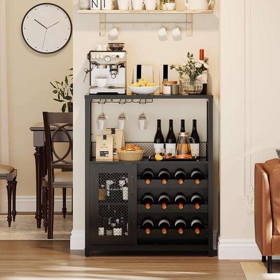 Acekid Wine Bar Cabinet With LED Lights,Industrial Home Coffee Bar With Adjustable Wine Rack & Glass Holder, Modern Liquor Cabinet