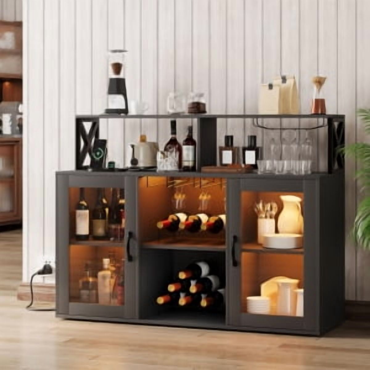 Acekid Wine Cabinet with LED Light, Bar Cabinet with Wine Rack, Glass ...