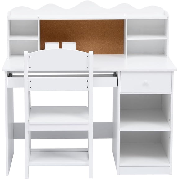 Acekid Wooden Study Desk and Chair Set,Learning Desk with Adjustable Chair,Storage Shelf,Bulletin Board,Keyboard Tray/Drawer & Pen Holders,Children School Writing Table for Ages 3-8,White