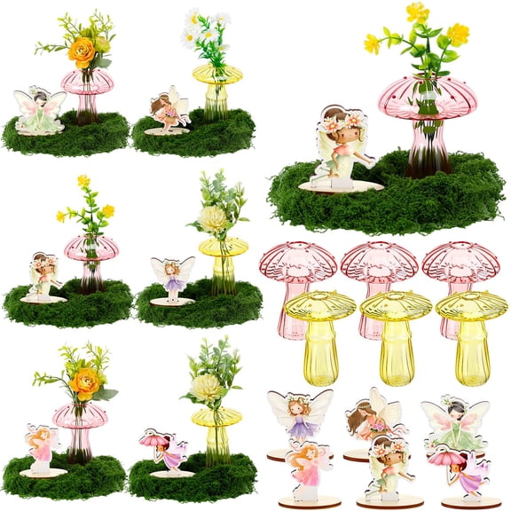 Acellegic 13 Pcs Fairy Party Decoration Woodland Fairy Table Centerpiece with Mushroom Vase Artificial Green Moss for Forest Party Decor Flower First Birthday Wedding Forest Baby Shower Y101