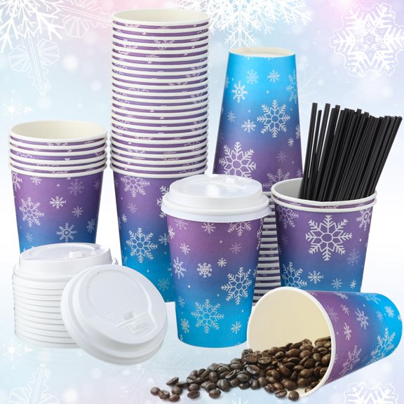 Acellegic 50 Sets 12 oz Winter Snowflake Coffee with Lids Straws Snowflake Coffee Drinking Paper for Christmas Winter Holiday Birthday Wonderland Theme Party Office Travel Business Supplies Y102