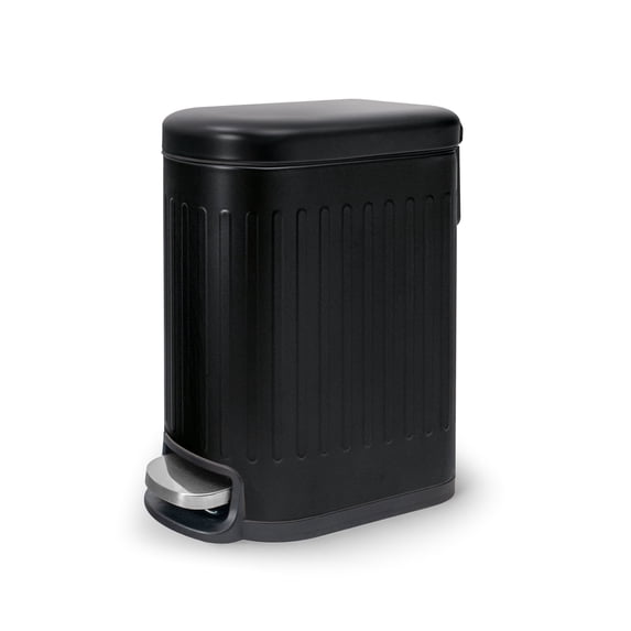 Acento Linea Slim Ribbed Rectangular Step Trash Can, 1.3 Gallon Bathroom Waste Bin with Soft-Close Lid and Removable Inner Bucket, Ribbed Matte Black