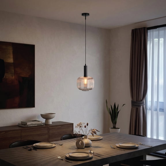 Acento Strata Modern 1-Light Smoke Grey Ribbed Glass Pendant Light for Kitchen Island and Dining Room, Adjustable Height, E26 Base 60W Max, Sloped Ceiling Compatible, Modern Hanging Ceiling Fixture