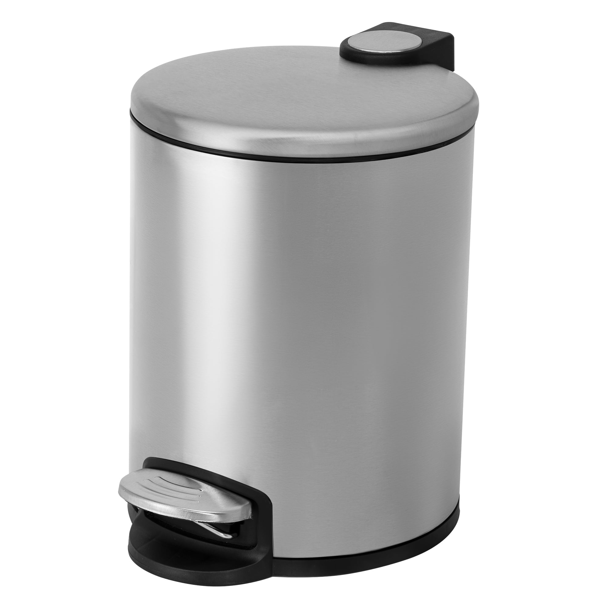 Brushed Stainless Steel Round Bathroom Trash Can with Pedal, 1.3 Gallon