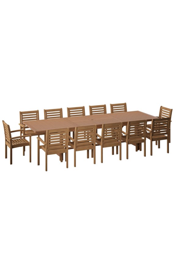 Acer 13-Piece Outdoor Rectangular Extendable Dining Table and Armchairs Set | Teak Finish | Ideal for Patio, Light Brown Table