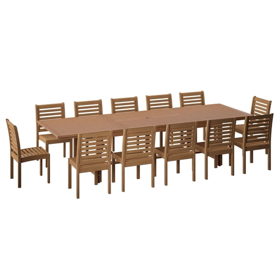 Acer 13-Piece Outdoor Rectangular Extendable Dining Table and Chairs Set | Teak Finish | Ideal for Patio, Light Brown Table