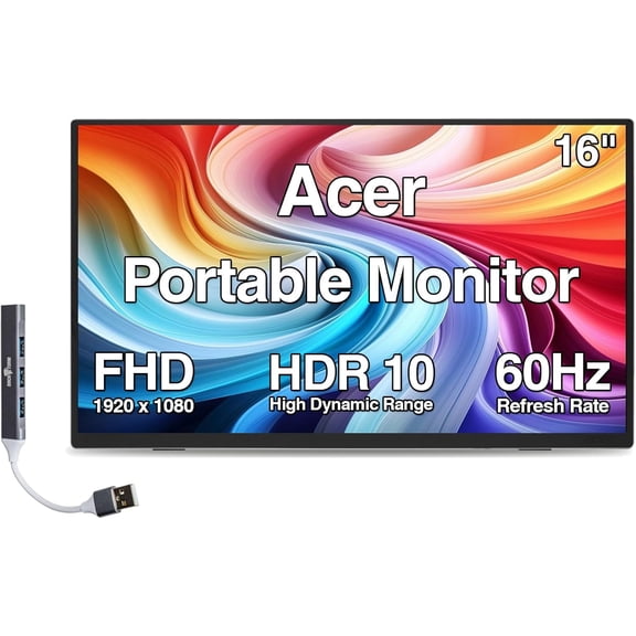 Acer 16" Portable IPS Monitor with 6ms Response Time, Anti-Glare, 220 nits Brightness, HDR10, Built-in Speakers, Mini HDMI & Dockztorm USB Port Expander, Black/Silver Color