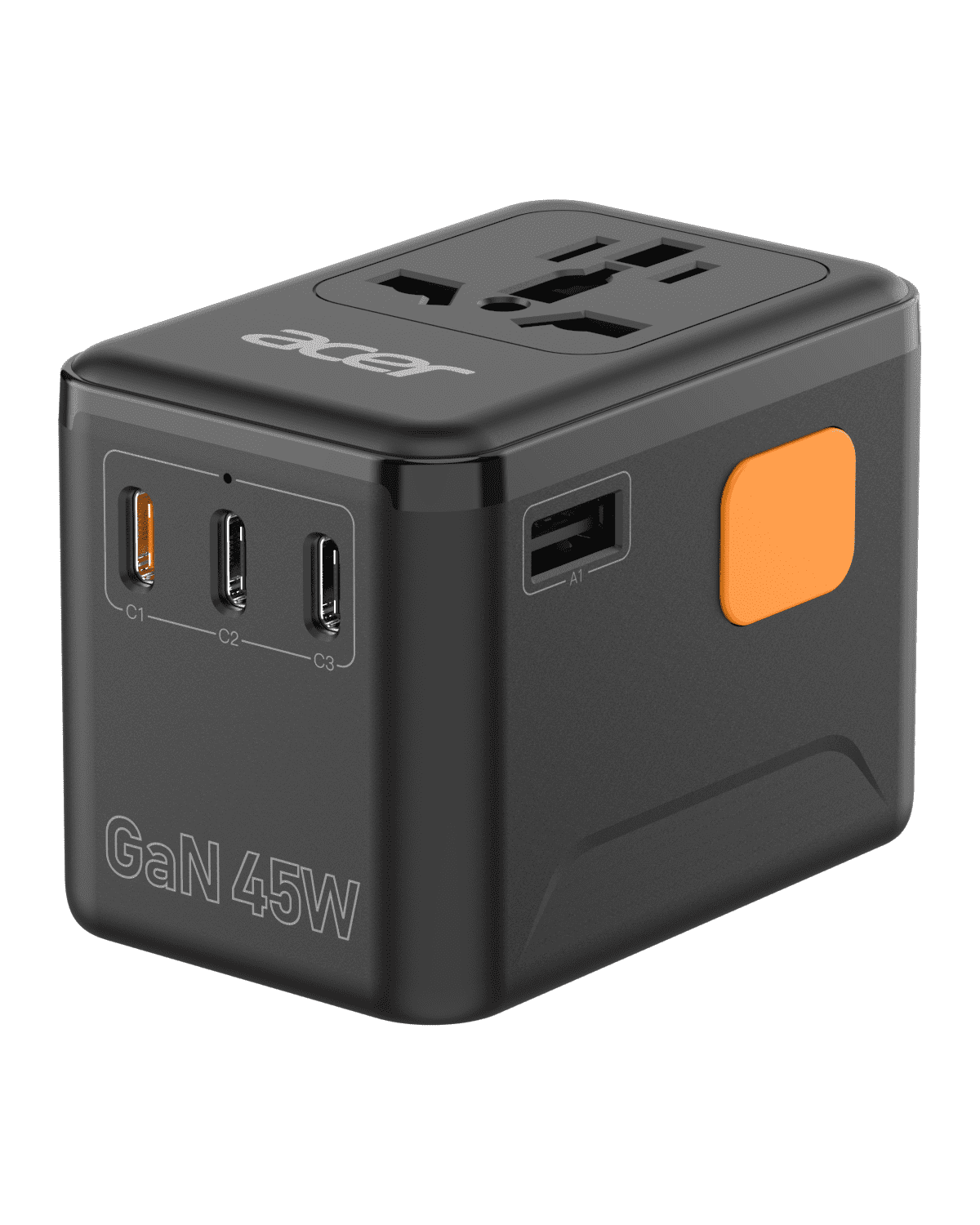 Acer 45W GaN Super Fast Charger European Travel Plug Adapter - International Power Adapter, Universal Travel Plug Adapter with 3 USB C & 1 USB A, Worldwide Travel Adapter for USA to UK Spain, Black