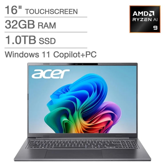 Acer Aspire 16" AI Copilot+ PC Touchscreen Laptop AMD Ryzen AI 9 365 Processor WUXGA (1920 x 1200) 120Hz Touchscreen 32GB RAM 1TB SSD Windows 11 Home Steel Gray