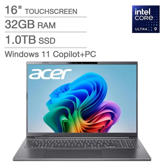 Acer Aspire 16" AI Copilot+ PC Touchscreen Laptop Intel Core Ultra 9 processor 288V WUXGA (1920 x 1200) 32GB RAM 1TB SSD Windows 11 Home Steel Gray