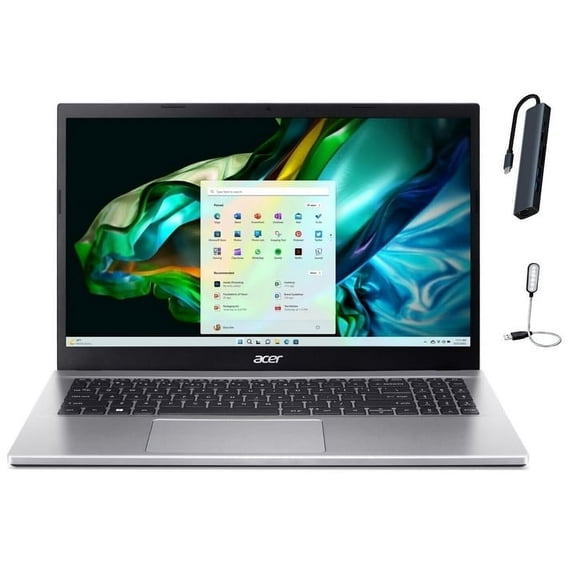 Acer Aspire 3 15 Laptop, 15.6'' FHD (1920 x 1080) Display, AMD Ryzen 7 5700U Processor, 32GB RAM, 512GB SSD, Wi-Fi 6, Bluetooth, AMD Radeon Graphics, Windows 11 Home, Silver + Accessories