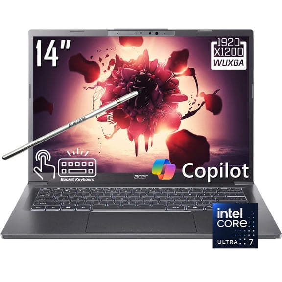 Acer Aspire A14 Copilot+ AI PC Laptop, 14" FHD+ 1920 x 1200 IPS LCD Touchscreen, Intel Core Ultra 7 258V, Wi-Fi 6E, 1080P Webcam, Backlit KB, Stylus Pen, Win11 Home (32GB DDR5 RAM / 1TB SSD)