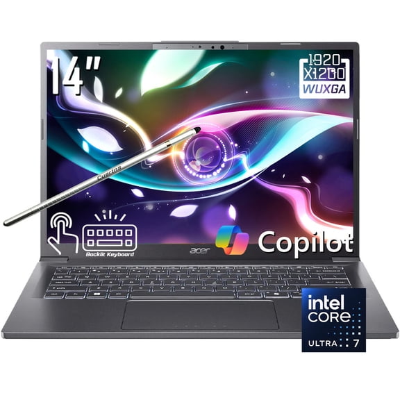 Acer Aspire A14 Copilot+ AI PC Laptop, 14" FHD+ 1920 x 1200 IPS LCD Touchscreen, Intel Core Ultra 7 258V, Wi-Fi 6E, 1080P Webcam, Backlit KB, Stylus Pen, Win11 Home (32GB DDR5 RAM - 1TB SSD)