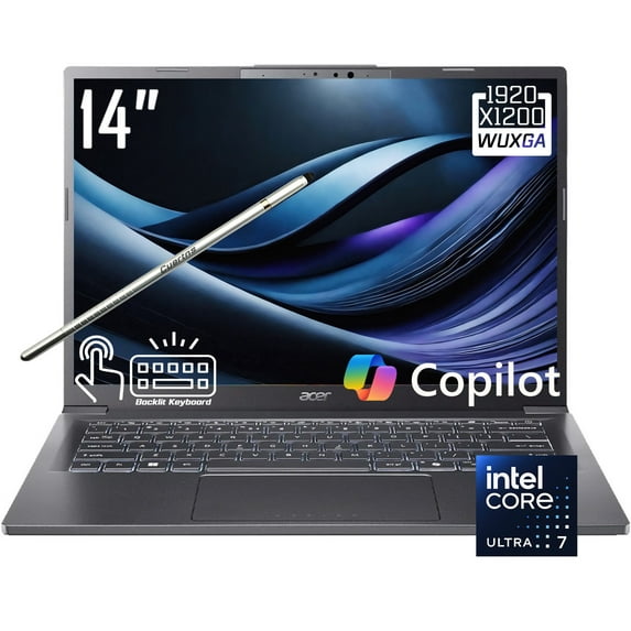 Acer Aspire A14 Copilot+ AI PC Laptop, 14" FHD+ 1920 x 1200 IPS LCD Touchscreen, Intel Core Ultra 7 258V, Wi-Fi 6E, 1080P Webcam, Backlit KB, Stylus Pen, Win11 Home (32GB DDR5 RAM | 2TB SSD)