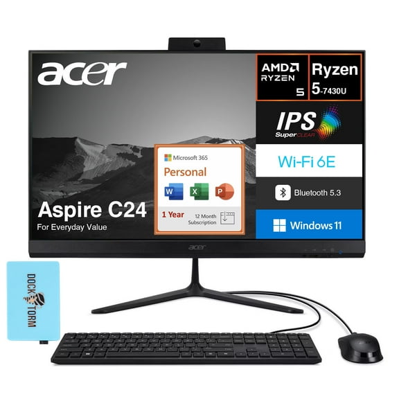 Acer Aspire C24 Everyday Value All-in-One 23.8in FHD (AMD Ryzen 5 7430U, 16GB DDR4, 512GB PCIe SSD, AMD Radeon, Win 11 Home) w/Microsoft 365 Personal , DKZ USB Port Expander