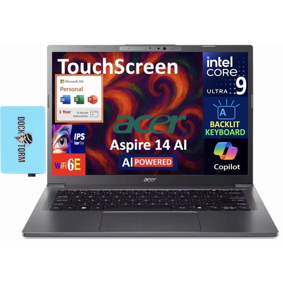 Acer Aspire Creator Laptop 14.0in Touchscreen IPS WUXGA Display (Intel Ultra 9-288V, 32GB LPDDR5X, 2TB PCIe SSD, Intel Arc 140V, Win 11 Home) w/Microsoft 365 Personal , DKZ USB Port Expander