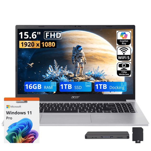 Acer Aspire Lite 15 15.6" FHD Laptop, Intel Core 3 N350, Intel UHD Graphics, 16GB RAM, 2TB Storage (1TB SSD +1TB Docking Station Set), Webcam, Numeric Keypad, HD Audio, Win 11 Pro, Silver