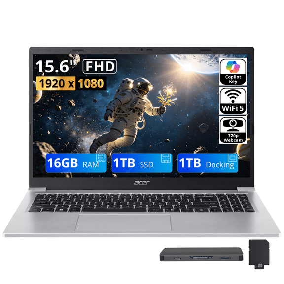 Acer Aspire Lite 15 15.6" FHD Laptop, Intel Core 3 N350, Intel UHD Graphics, 16GB RAM, 2TB Storage (1TB SSD +1TB Docking Station Set), Webcam, Numeric Keypad, HD Audio, Win 11, Silver
