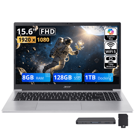 Acer Aspire Lite 15 15.6" FHD Laptop, Intel Core 3 N350, Intel UHD Graphics, 8GB RAM, 1.12TB Storage (128GB SSD +1TB Docking Station Set), Webcam, Numeric Keypad, HD Audio, Win 11, Silver