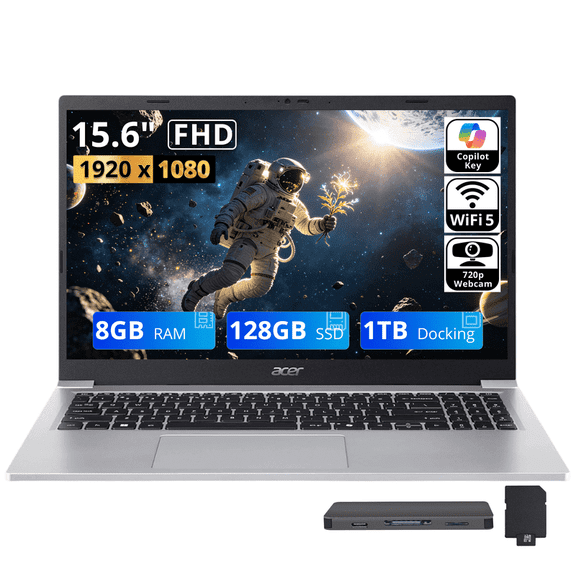 Acer Aspire Lite 15 15.6" FHD Laptop, Intel Core 3 N350, Intel UHD Graphics, 8GB RAM, 1.12TB Storage (128GB SSD +1TB Docking Station Set), Webcam, Numeric Keypad, HD Audio, Win 11, Silver