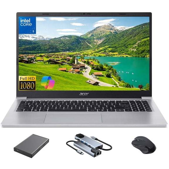 Acer Aspire Lite 15 Laptop, 15.6" FHD IPS Display, Intel Core 3 N350 up to 3.9GHz, 8GB RAM, 128GB SSD 500GB External Hard Drive, Numeric Keypad, Copilot AI, Mouse & Hub Included, Win 11 Home